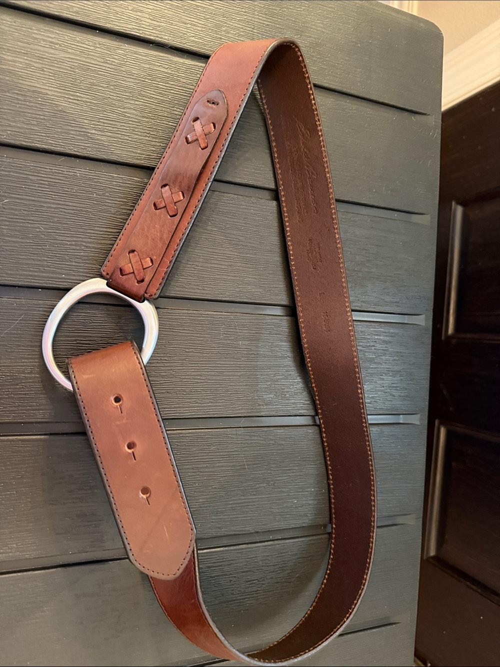 Eddie Bauer Brown Leather Ring Belt with Cross-Stitch Detail
